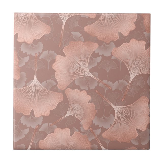 Azulejo Romántico Ginkgo Hojas Rubor Oro Botánico (Frente)