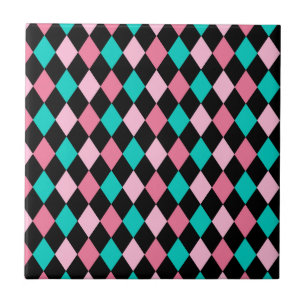 Azulejo Rombos de Arcoíris Pastel Negro Rosa Azul Arlequín