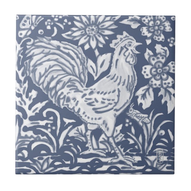 Azulejo Rooster Blue White Botanft Delft Denim Ceramic T (Frente)