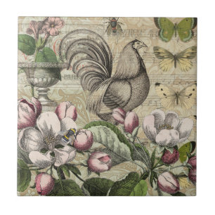 Azulejo Rooster Garden Flower Butfly Art
