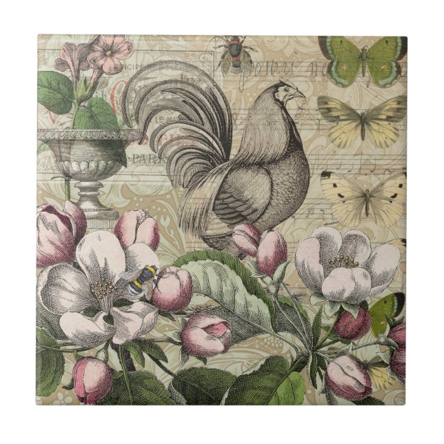 Azulejo Rooster Garden Flower Butfly Art (Frente)