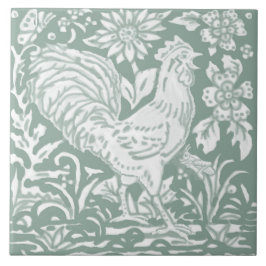 Azulejo Rooster Sage Green Garden Scene Chicken Butterfly