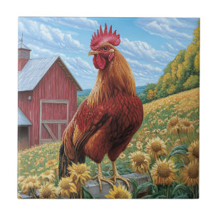 Azulejo Rooster sobre la pintura de una granja de girasole