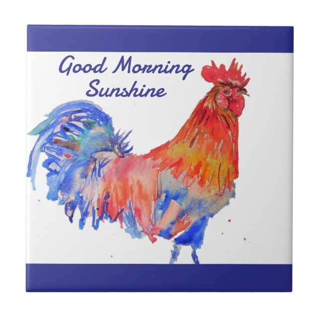 Azulejo Rooster Watercolor Red Blue Chicken Sunshine (Frente)