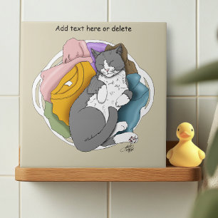 Azulejo Ropa blanca con pelo de gato gris