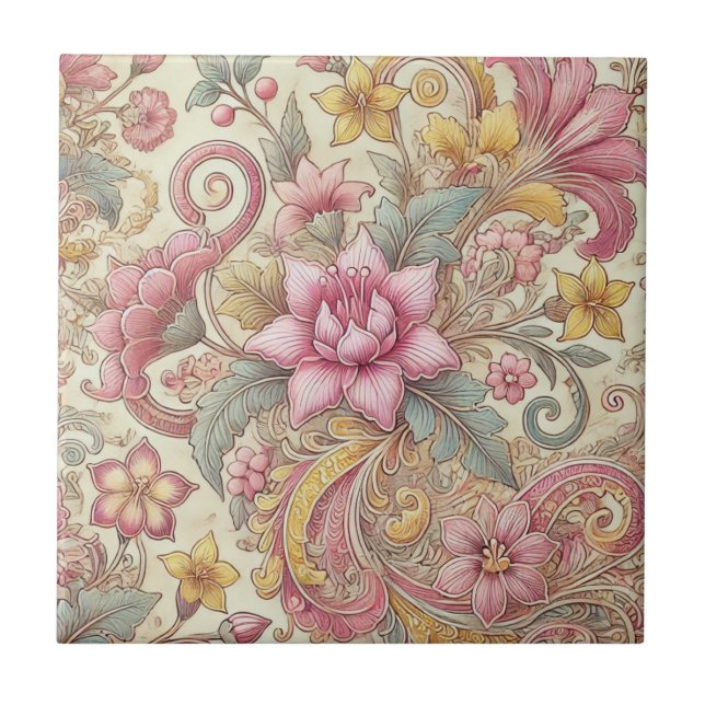 Azulejo Rosa Amarillo Azul Boho Floral Batik Indonesio (Frente)
