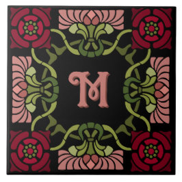 Azulejo Rosa Art Nouveau de Gótico monogramado y Dahlia Re