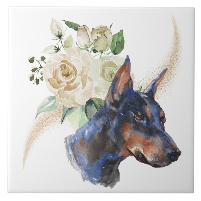 Azulejo Rosa blanca Bouquet Doberman Pinscher Dog (Frente)