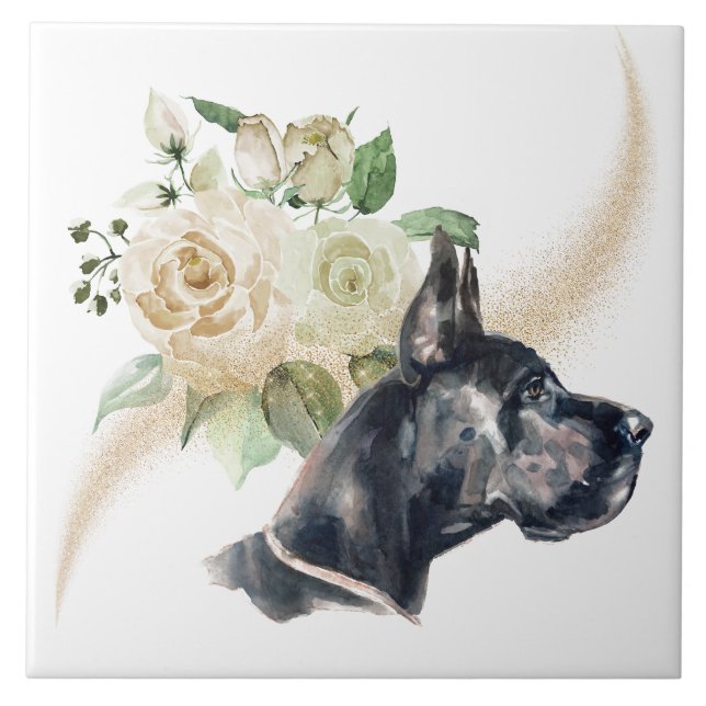 Azulejo Rosa Blanca Bouquet Great Dane Dog (Frente)