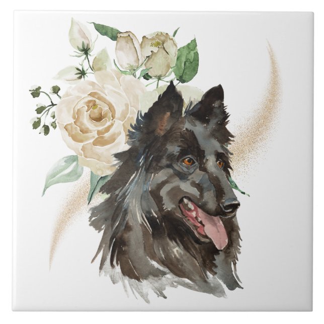 Azulejo Rosa Blanca Bouquet Perro belga Tervuren (Frente)