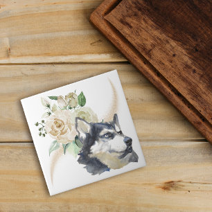 Azulejo Rosa Blanca Bouquet Siberian Husky Dog