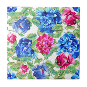 Azulejo Rosa Brillante y Patrón Floral Azul Bonito