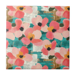 Azulejo Rosa Coral Floral Turquesa Vintage