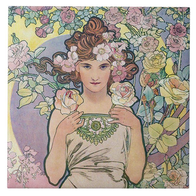 Azulejo Rosa (Cuatro Flores), Alphonse Mucha (Frente)