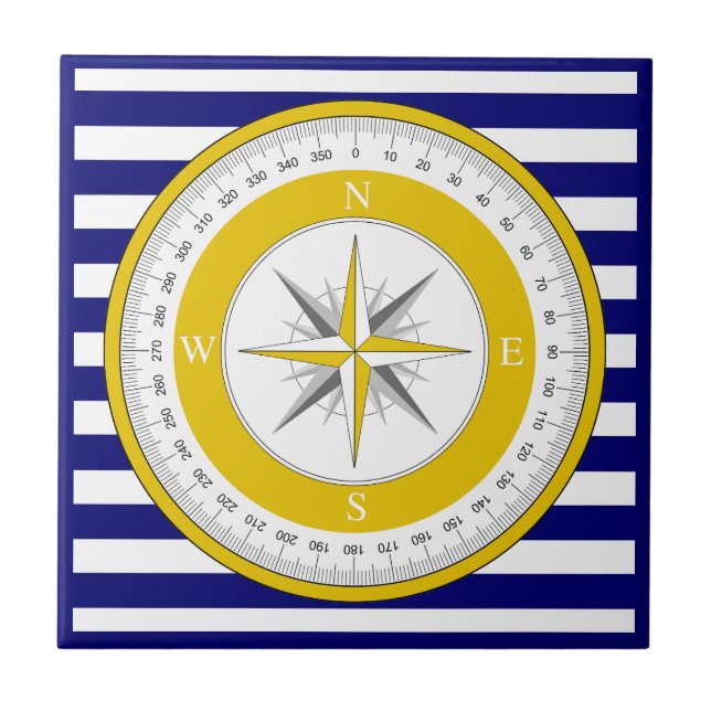 Azulejo Rosa de brújula amarilla franja azul y blanca (Frente)