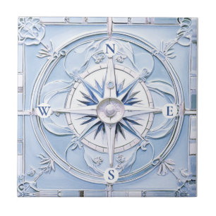 Azulejo Rosa de brújula Art Nouveau Faux Relief Blue Nauti