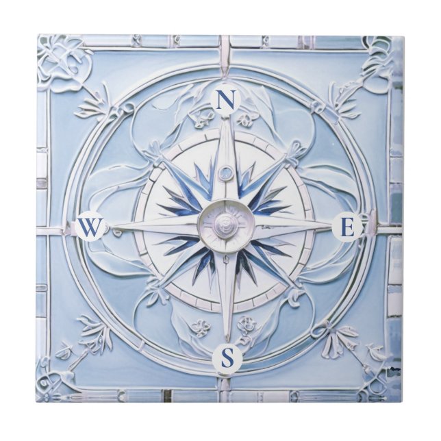 Azulejo Rosa de brújula Art Nouveau Faux Relief Blue Nauti (Frente)