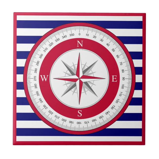Azulejo Rosa de brújula roja franja azul y blanca (Frente)