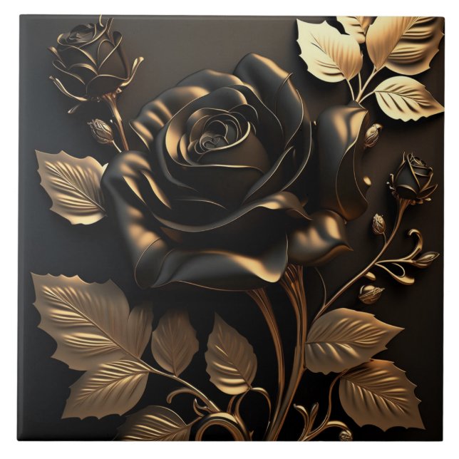 Azulejo Rosa de cerámica de lujo negro y oro (Frente)