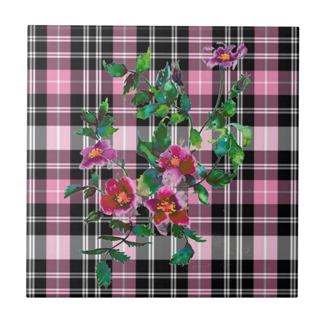 Azulejo Rosa de cosecha - negro y rosa (Frente)