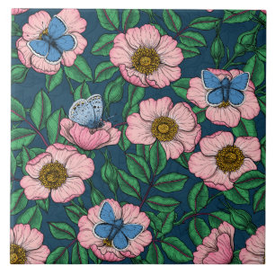 Azulejo Rosa de perro y mariposas
