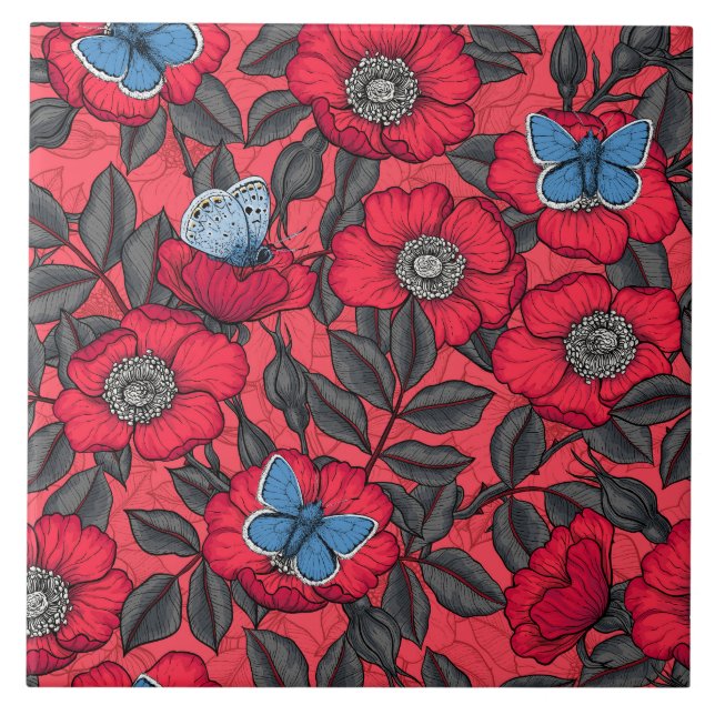 Azulejo Rosa de perro y mariposas en rojo y azul (Frente)