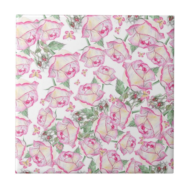 Azulejo Rosa de verano amarillo rosado romántico floral (Frente)