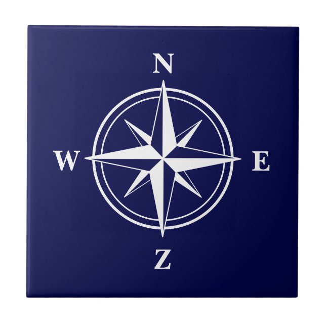 Azulejo Rosa de viento diseño estrella de brújula azul mar (Frente)