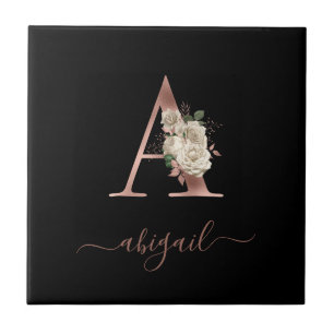 Azulejo Rosa Dorada Marfil Floral Monograma Letra "A" Negr