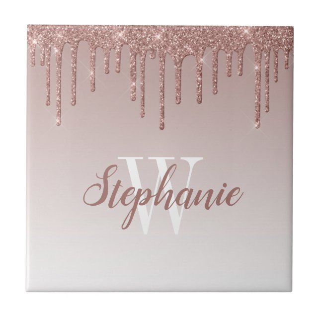 Azulejo Rosa Dorado Glitter Drip Monograma Chic (Frente)