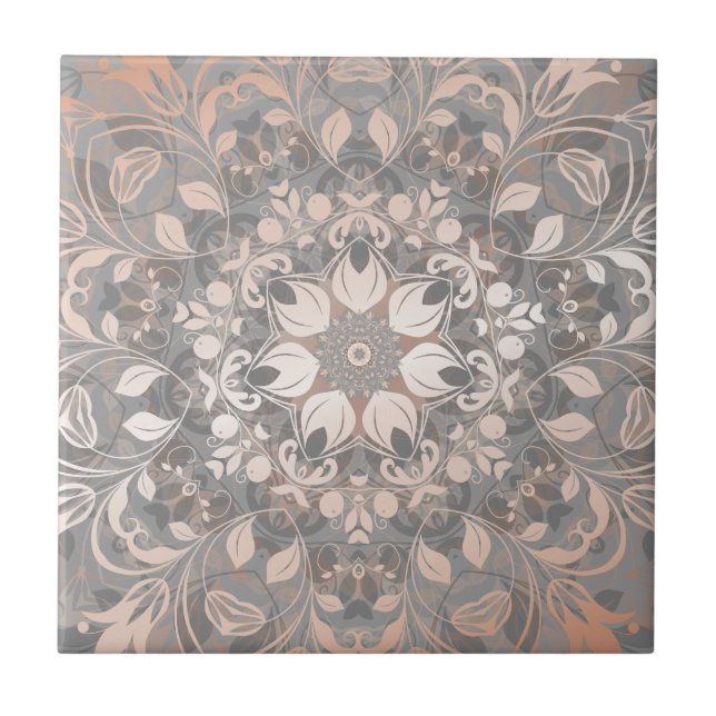 Azulejo Rosa Dorado Gris Floral Mandala (Frente)