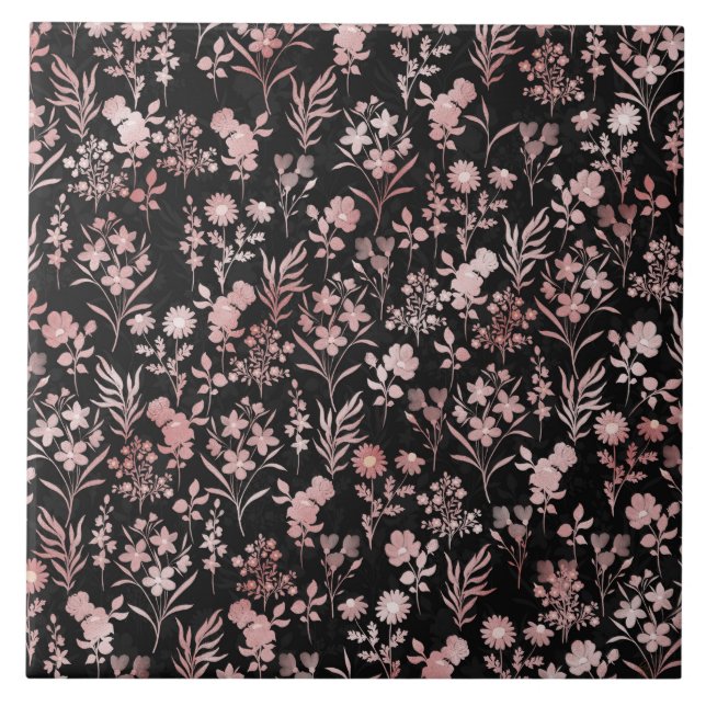 Azulejo Rosa elegante Flores de oro Negro Botánico (Frente)