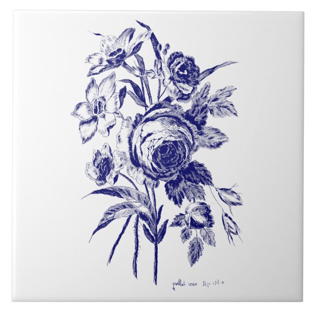 Azulejo Rosa Floral Bouquet Arte Botánico Azul & Blanco (Frente)