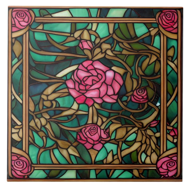 Azulejo Rosa floral con estilo de vidrio manchado muy intr (Frente)