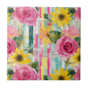 Azulejo Rosa Girasol Verano Floral Teal