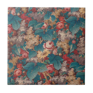 Azulejo Rosa, Lila, Patrón de Hojas Grandes Jardín Vintage