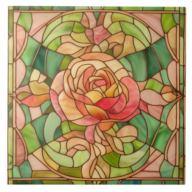 Azulejo Rosa melocotón bonito estilo vidrio emplomado (Frente)