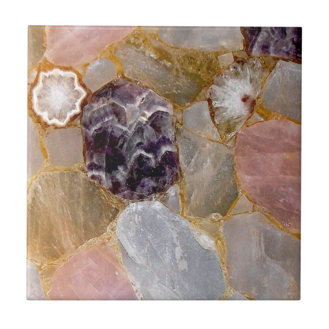 Azulejo Rosa Quartz, Ametist, Geode Blanco, Impresión Gems (Frente)