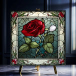 Azulejo Rosa roja con aspecto de vidrio manchado en el bor<br><div class="desc">La rosa roja con la cubierta cerámica de borde de vid de vidrio templado presenta una única rosa roja elegante sobre un fondo de gris-azul con un borde de vid rosa. Esta baldosa presenta un aspecto de vidrieras antiguas de estilo Art Neveau. Este diseño también está disponible en una imagen...</div>