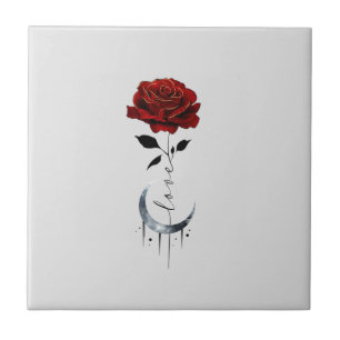 Azulejo Rosa roja de tatuaje y luna de luna creciente con