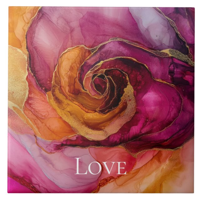 Azulejo Rosa romántico Amor floral Rojo Oro Rosa (Frente)