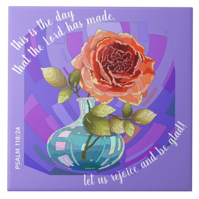 Azulejo Rosa rosa en jarrón, con verso del Salmo 118:24 (Frente)