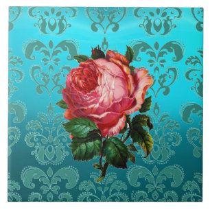 Azulejo ROSA ROSA PINK SOBRE DAMASCO AZUL TEAL Floral