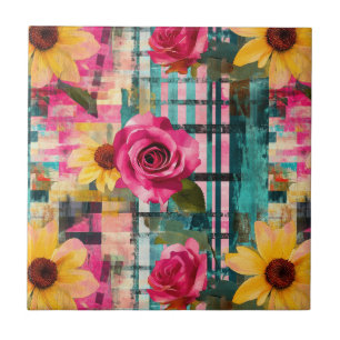 Azulejo Rosa Rosa Sunflower Plaid en Magenta y Teal