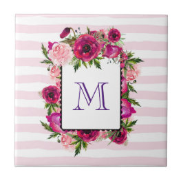 Azulejo Rosa rosa y amapola floral en franjas rosas