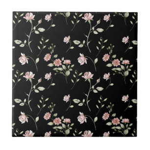 Azulejo Rosa Rubor Acuarela Floral Negro