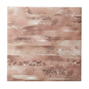 Azulejo Rosa Rubor moderno y ondulado con pincel de bronce