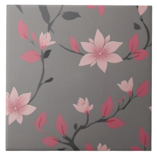 Azulejo Rosa Sakura - Flores florales japonesas sobre gris