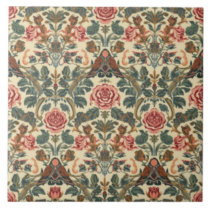 Azulejo Rosa vintage botánica pájaro Art Nouveau elegante