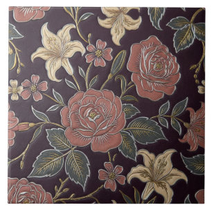 Azulejo Rosa Vintage y Flor de Lis en Elegancia de Ciruela